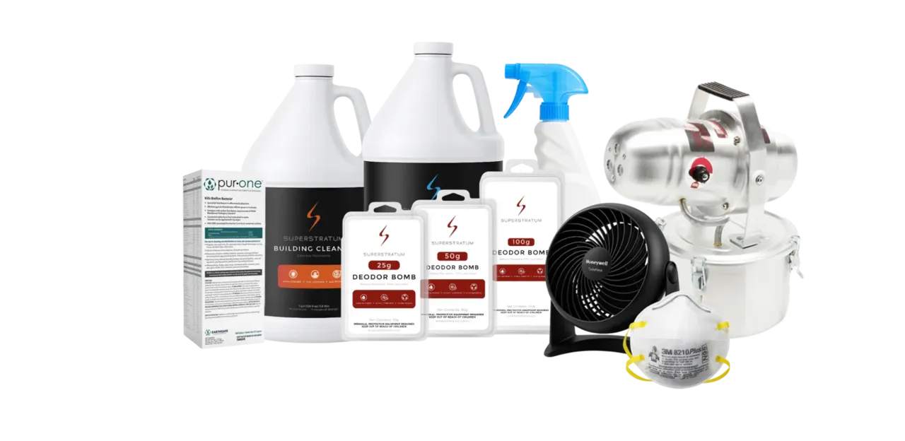 Superstratum product lineup — Superstratum Building Cleaner, Superstratum Deodor Bombs, Superstratum Endurance Coating, and equipment